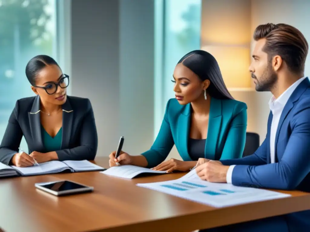 Profesionales diversificados colaborando en análisis financiero Profesionales colaborando en análisis de documentos financieros con luz natural