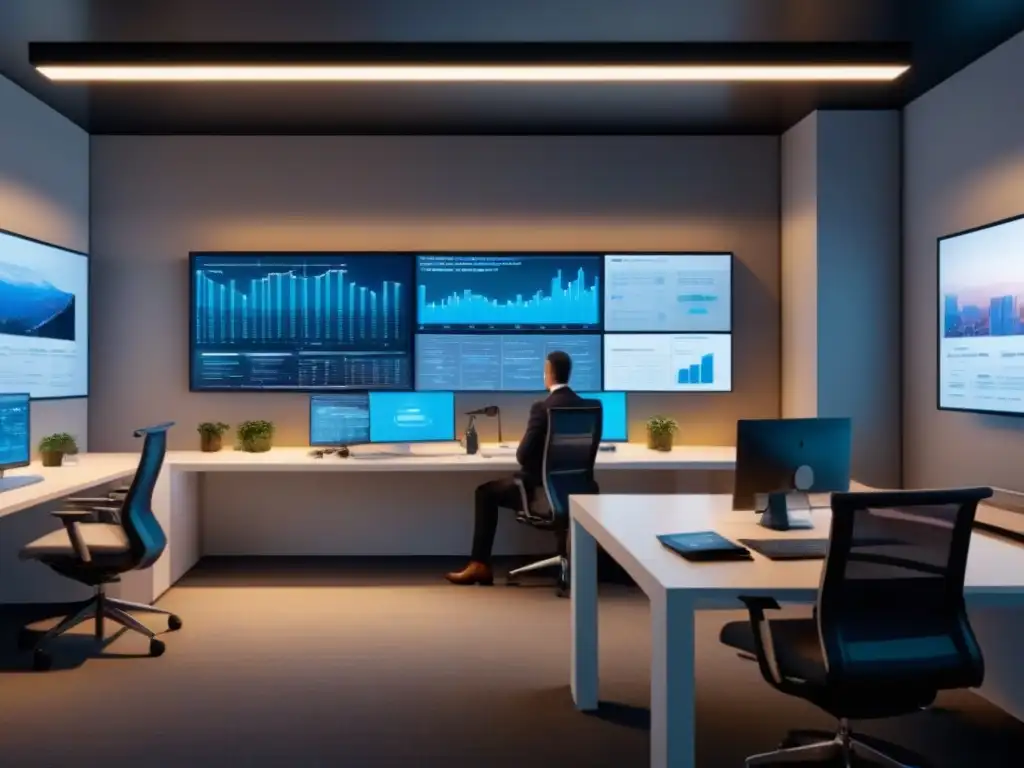 Oficina futurista con tecnología de vanguardia y análisis inmobiliario AI Profesionales discuten análisis inmobiliario con inteligencia artificial en oficina futurista con pantallas transparentes y datos detallados