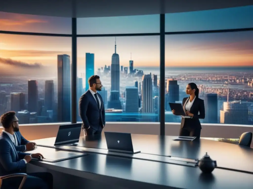 Profesionales colaborando en moderna oficina inmobiliaria Profesionales colaboran en análisis de mercado decisiones inmobiliarias en oficina futurista