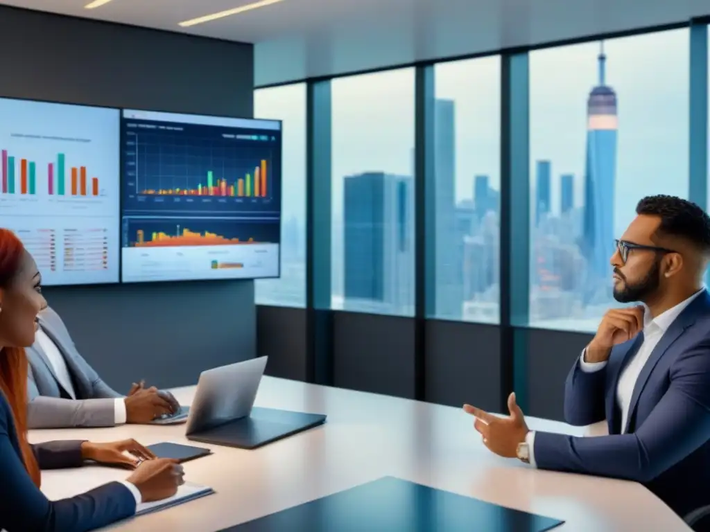 Profesionales en animada discusión sobre financiamiento inmobiliario cambios regulatorios en moderna oficina