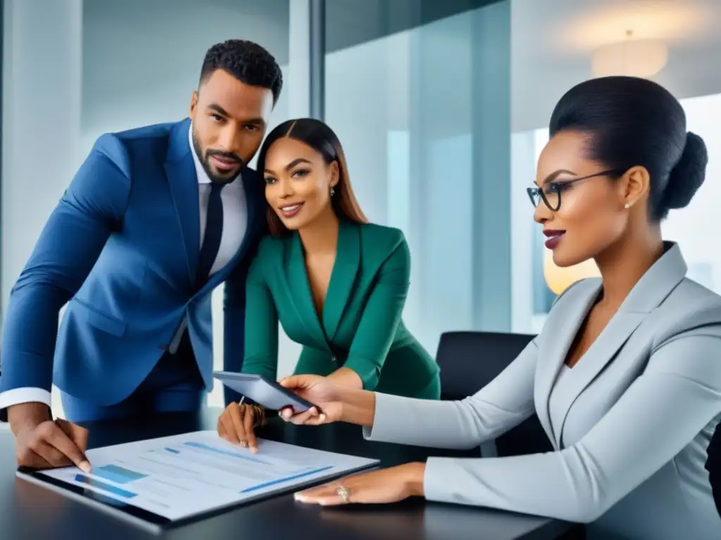 Profesionales financieros y agentes inmobiliarios en oficina moderna Diversos profesionales colaboran en la aprobación de un préstamo hipotecario convencional paso a paso en una oficina contemporánea y luminosa