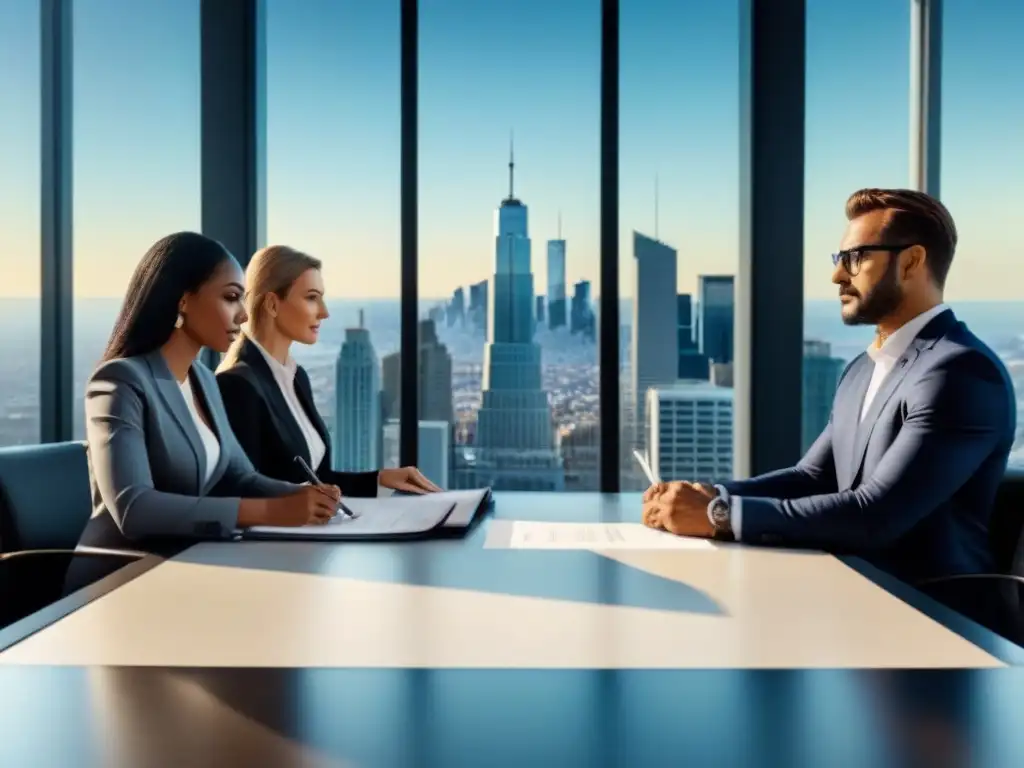 Profesionales negociando contrato en oficina moderna Profesionales en asesoría legal negociando arrendamiento en oficina moderna