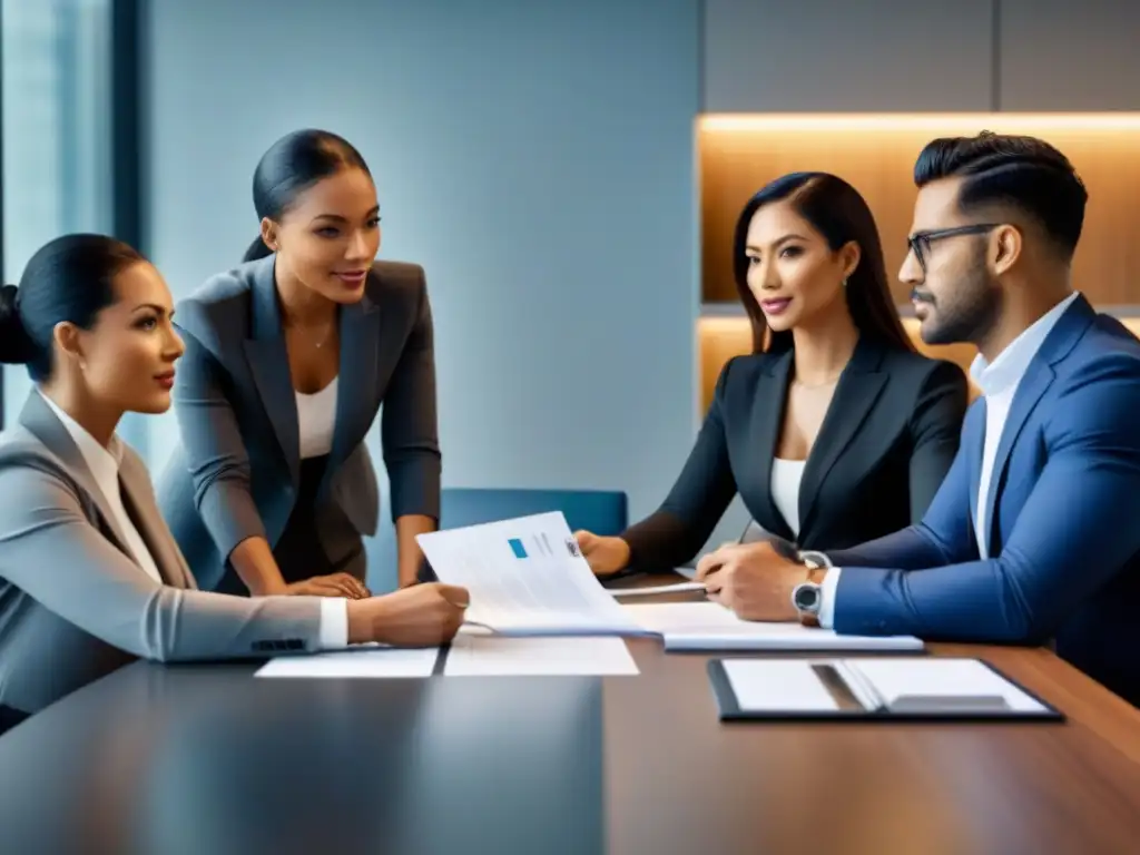 Profesionales colaborando en oficina moderna Profesionales de asesoría legal, transacciones inmobiliarias y finanzas colaborando en una oficina moderna y elegante