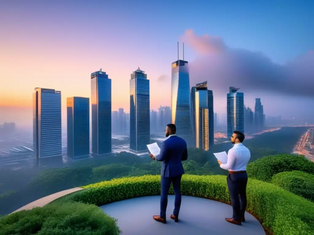 Profesionales innovadores en ciudad moderna al anochecer Profesionales debatiendo al atardecer en la ciudad, reflejando innovación en el rol hipotecas privadas en financiamiento