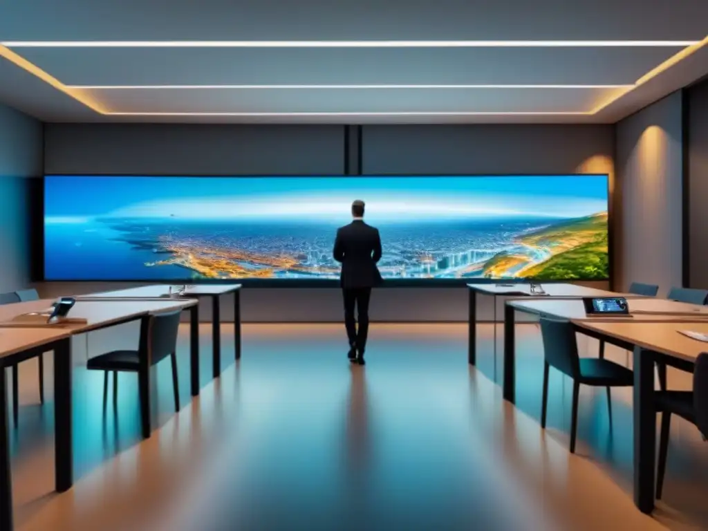 Clase futurista: profesionales aprendiendo con tecnología avanzada Profesionales en aula futurista usando tecnologías en cursos de financiamiento