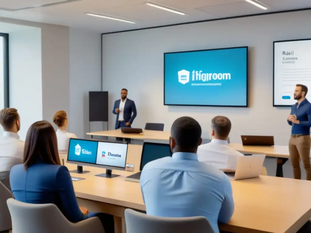 Profesionales aprenden en aula moderna sobre financiamiento inmobiliario en los mejores cursos