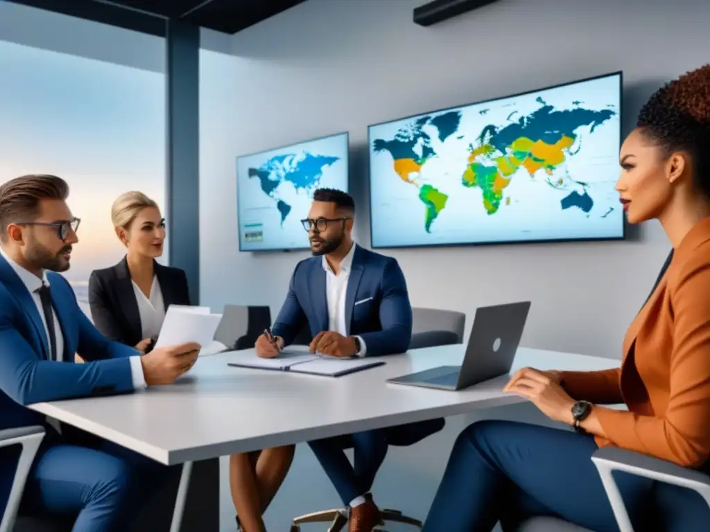 Profesionales de real estate en oficina moderna y diversa Profesionales debatiendo sobre beneficios fiscales inversión bienes raíces en moderna oficina con mapamundi y tecnología