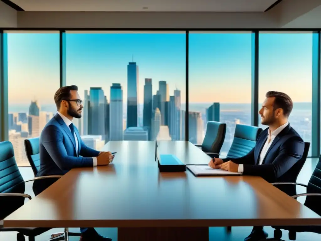 Profesionales debaten beneficios fiscales al invertir en REITs comerciales en moderna sala de juntas con vista a la ciudad