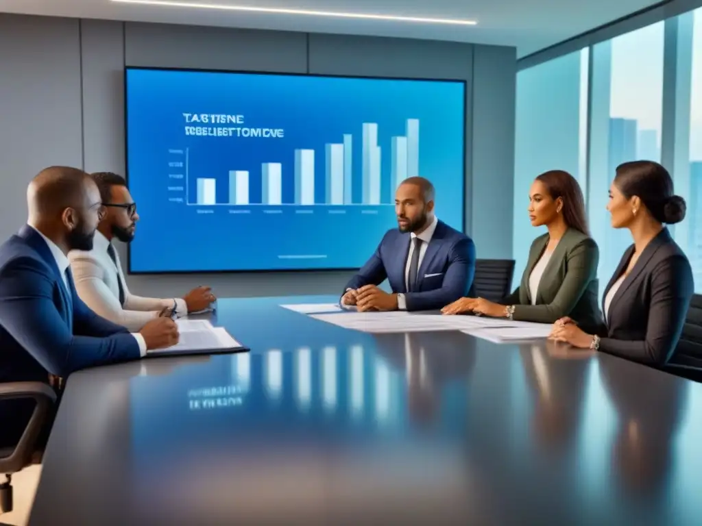 Profesionales discuten beneficios fiscales inversión inmobiliaria en moderna oficina con planos y gráficos