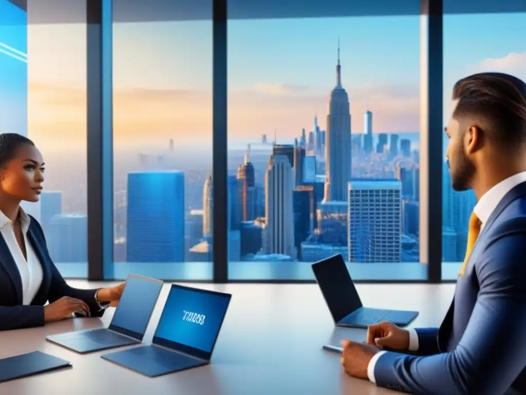 Expertos discuten beneficios fiscales en oficina futurista Profesionales debatiendo beneficios fiscales inmobiliarios impuestos en oficina futurista con vista a la ciudad