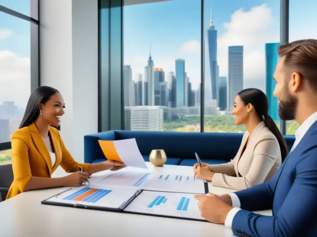 Profesionales discuten beneficios de hipotecas en oficina moderna Profesionales debaten beneficios préstamos hipotecarios convencionales en oficina moderna con vista panorámica