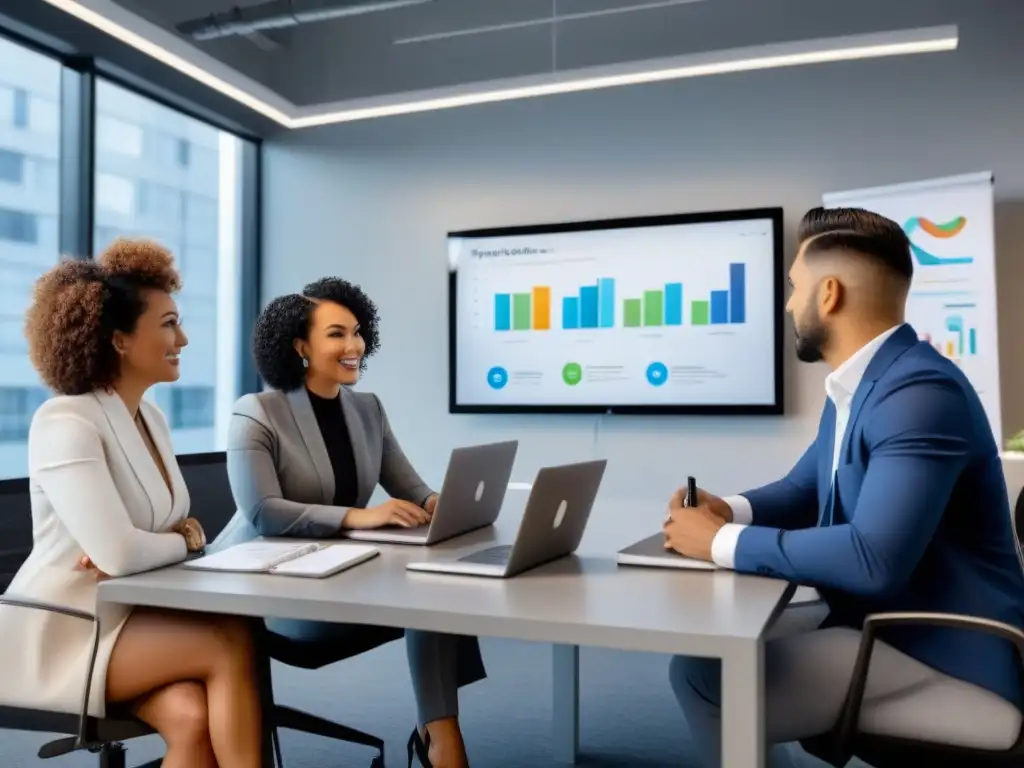 Equipo diverso de profesionales inmobiliarios colaborando en coworking Profesionales de bienes raíces con certificaciones debaten en moderno espacio colaborativo