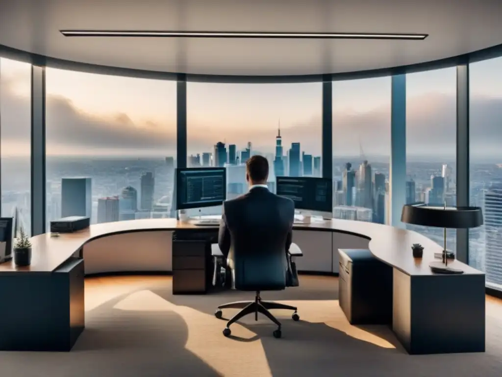 Oficina inmobiliaria de lujo con vista panorámica en 8K Profesionales de bienes raíces con certificaciones, colaborando en oficina moderna con vista panorámica