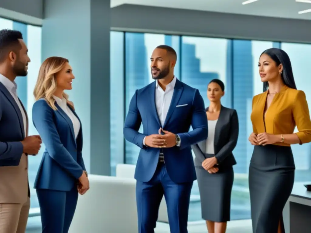 Profesionales inmobiliarios éticos en moderna oficina Profesionales de bienes raíces discuten ética en afiliación de propiedades en oficina moderna