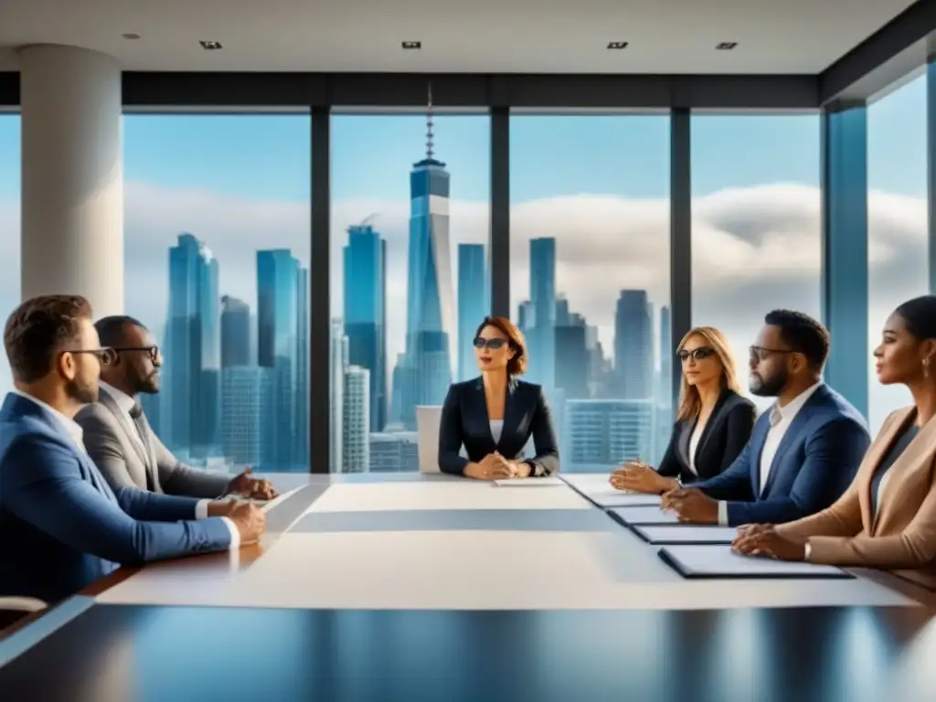 Profesionales discuten blueprint y documentos legales sobre desarrollo inmobiliario en moderna sala de reuniones con vista a la ciudad