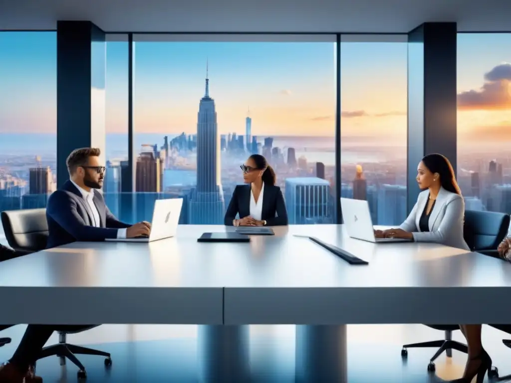 Profesionales en brainstorming, con laptops y gráficos financieros en mesa futurista, planificando oportunidades inversión bienes raíces crisis