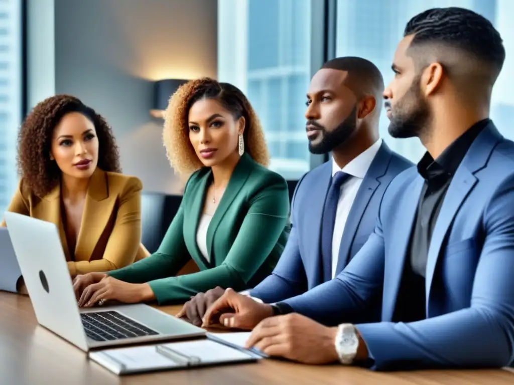 Equipo de expertos analiza propiedades inmobiliarias modernas Profesionales colaborando en busca de propiedades y financiamiento en una moderna oficina