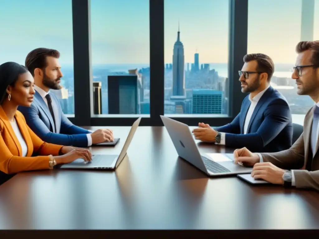 Expertos en impuestos inmobiliarios calculando con precisión Diversos profesionales discuten cálculos de impuestos de propiedad, rodeados de tecnología, en una sala moderna con vista a la ciudad
