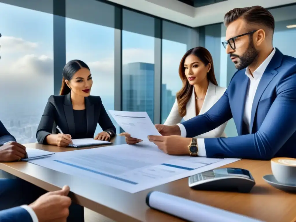 Profesionales analizan regulaciones inmobiliarias en moderna oficina Profesionales analizan cambios en normativas de inversión inmobiliaria