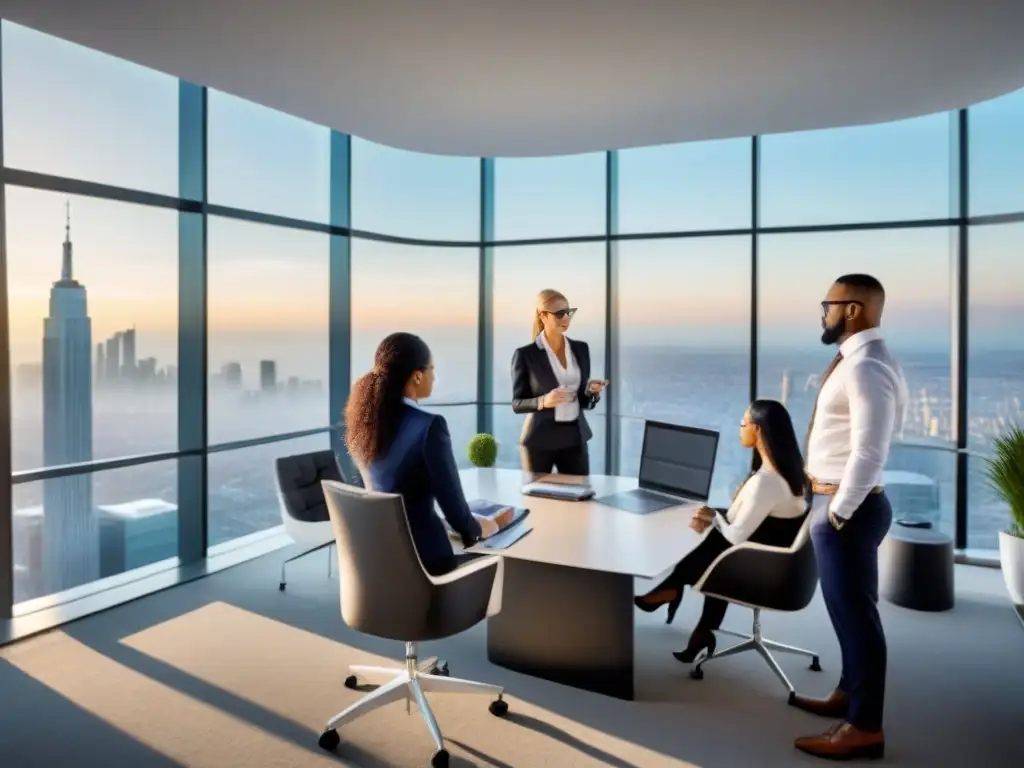 Profesionales de la inmobiliaria certificándose en un entorno futurista Profesionales en dinámica discusión sobre certificaciones bienes raíces perfil profesional en oficina futurista