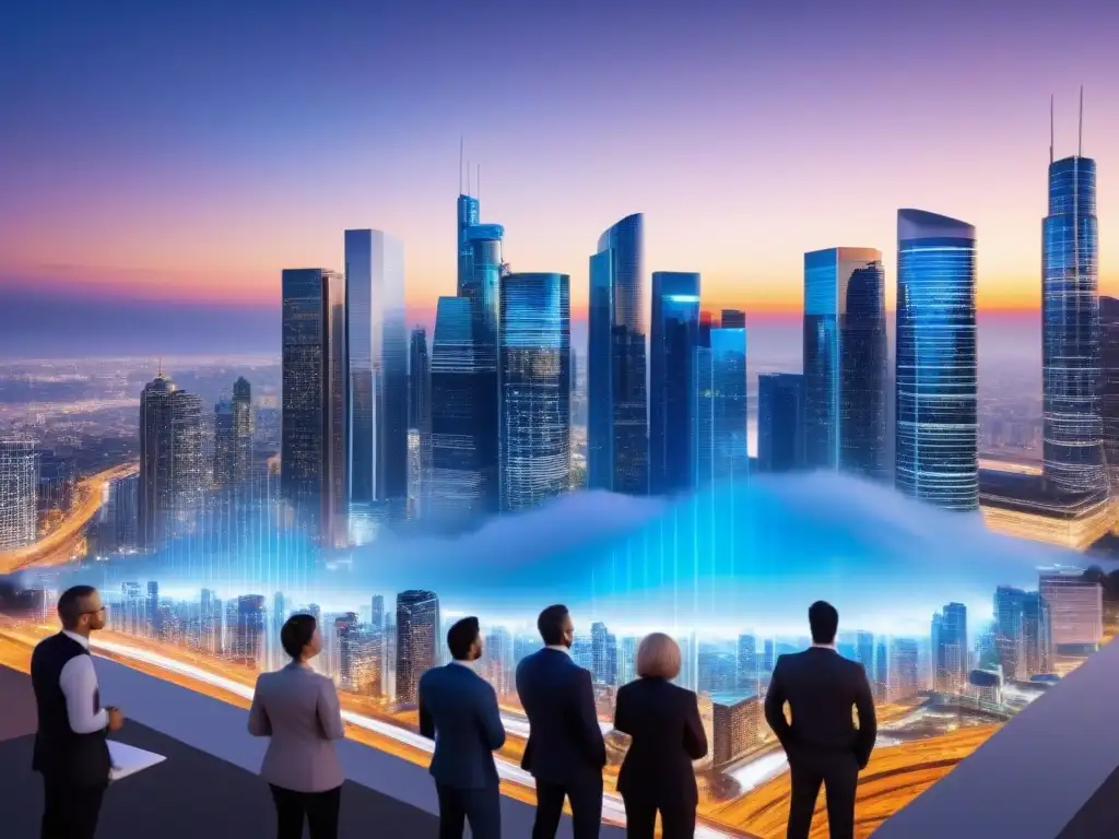 Profesionales dinámicos en ciudad futurista Profesionales debatiendo bajo un cielo urbano iluminado, reflejando las normativas inversión inmobiliaria 2021