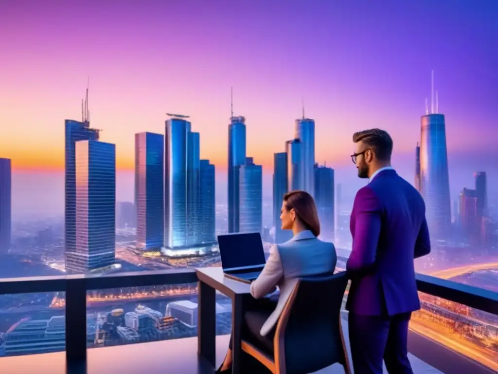 Profesionales innovadores en la ciudad al atardecer Profesionales colaborando en la ciudad al atardecer, con edificios iluminados