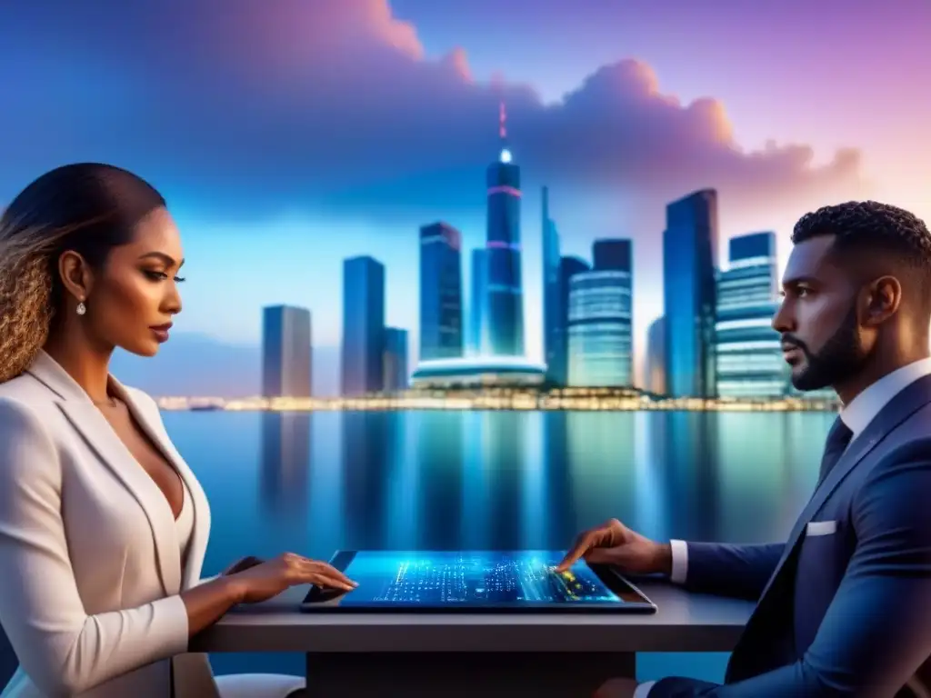 Metrópolis futurista: innovación en automatización inmobiliaria Profesionales en una ciudad futurista con automatización en préstamos inmobiliarios
