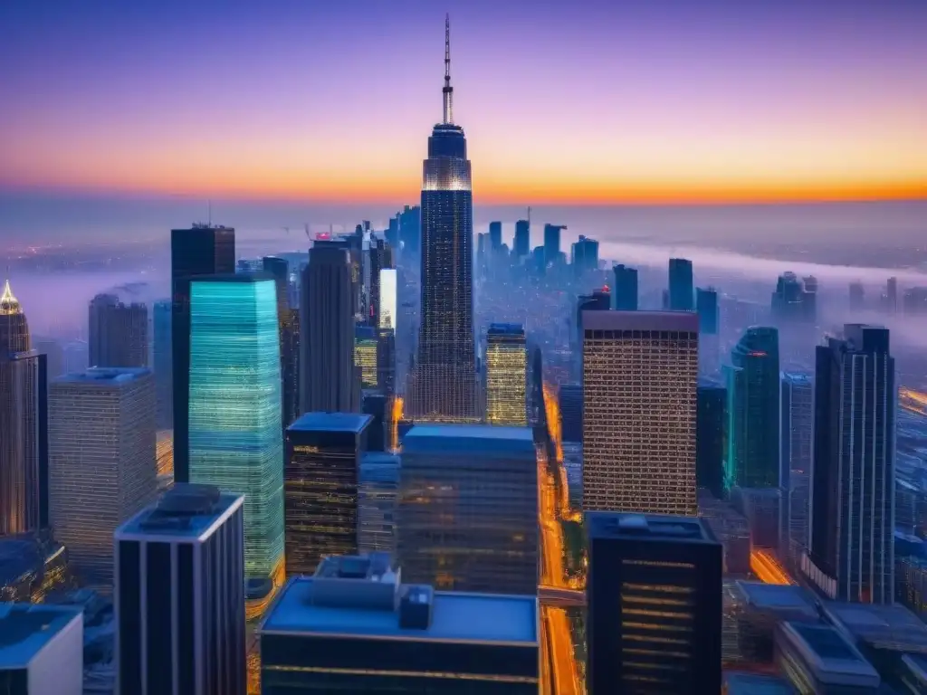 Innovación financiera: negocios y tecnología en la ciudad del futuro Profesionales debaten en ciudad futurista iluminada con datos financieros en la industria de Fintech en financiamiento inmobiliario
