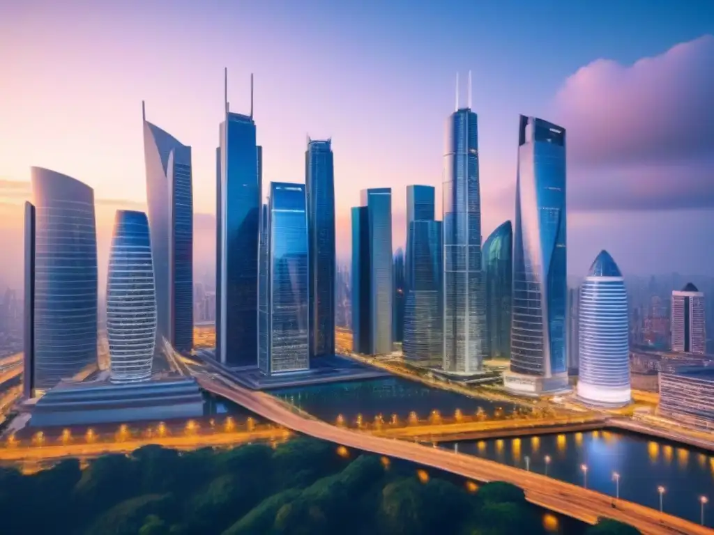 Horizonte urbano futurista: crecimiento económico y colaboración Profesionales colaborando en una ciudad futurista al anochecer, simbolizando innovación y progreso en hipotecas basadas en ingresos futuros
