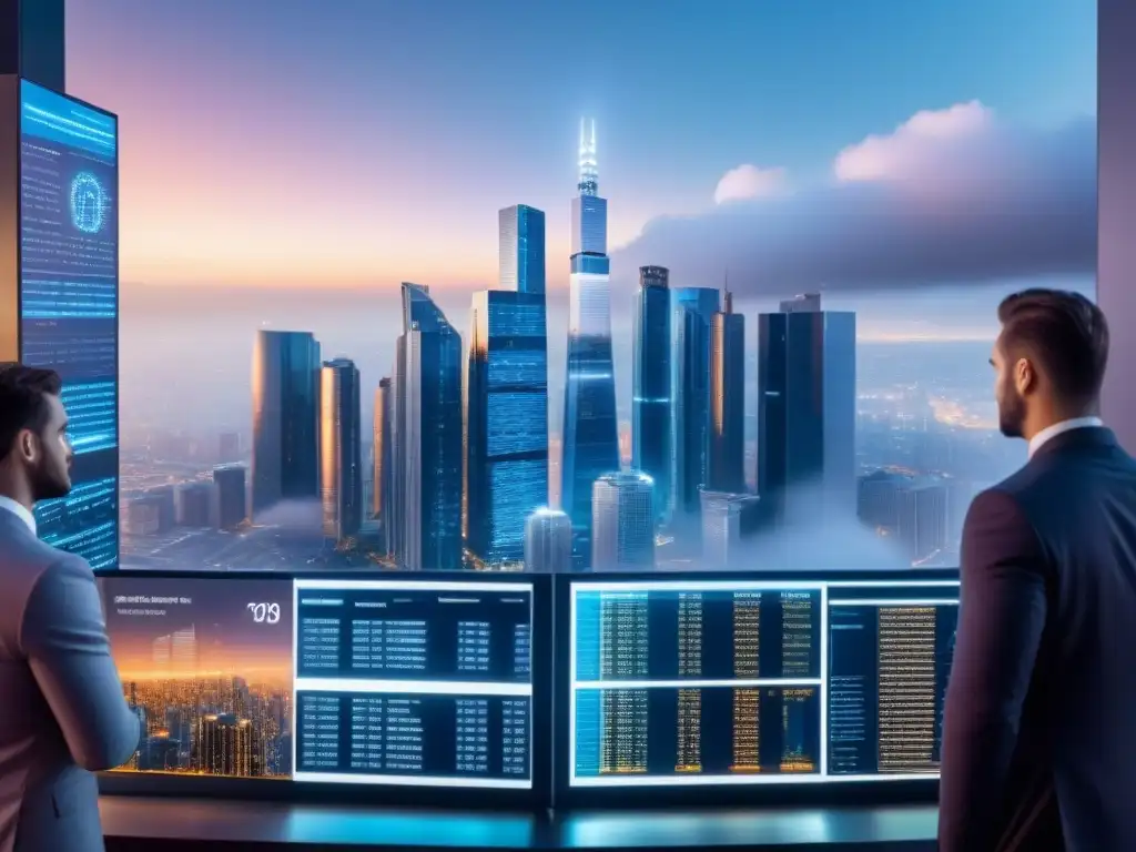 Blockchain en Real Estate: Futurismo Financiero Profesionales debaten en ciudad futurista con rascacielos y datos de criptomonedas, reflejando financiamiento inmobiliario con criptomonedas