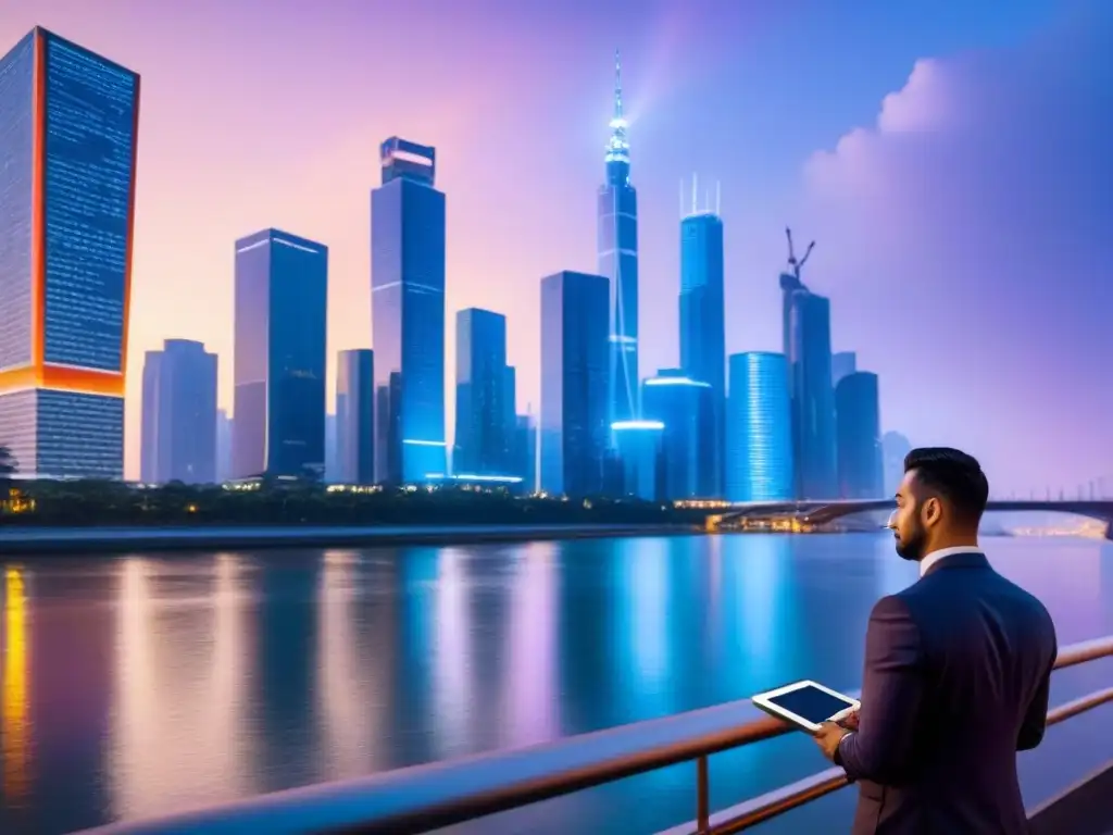 Metrópolis futurista: integración de blockchain en seguridad inmobiliaria Profesionales debaten en ciudad futurista con tecnología Blockchain, reflejando Seguridad propiedad inmobiliaria