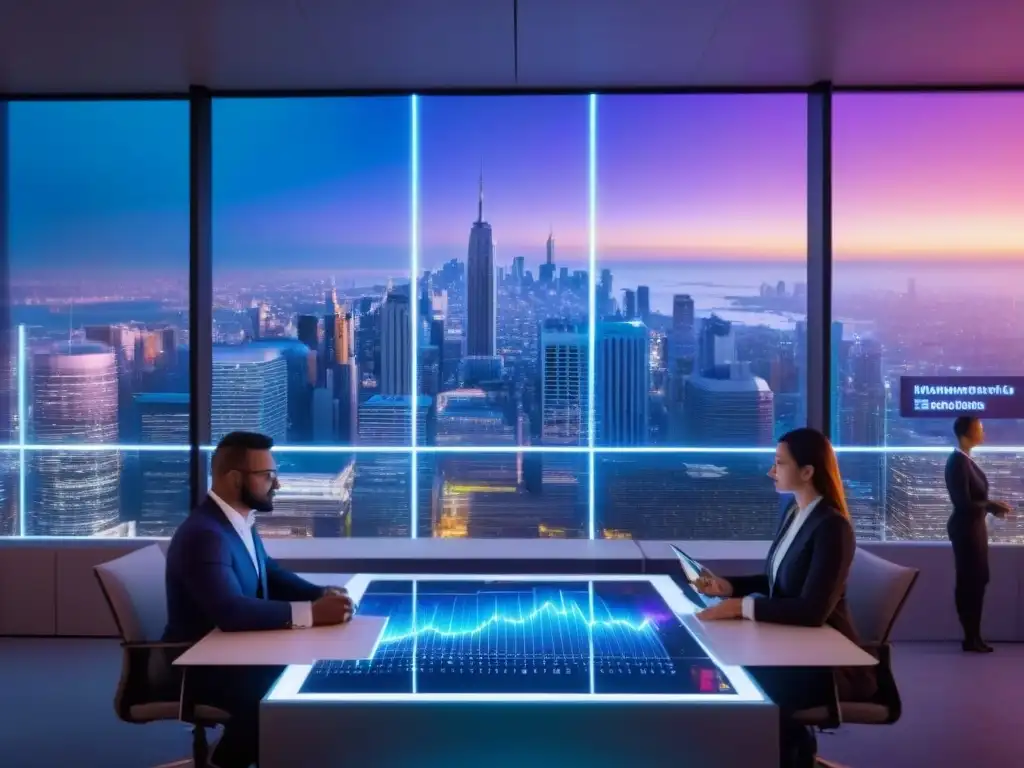 Metropolis del mañana: financiamiento inmobiliario innovador Profesionales debatiendo en ciudad futurista con tecnología acceso vivienda financiamiento inmobiliario