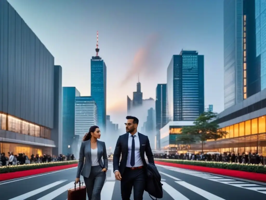 Cityscape moderno al anochecer: profesionales en movimiento Profesionales caminan por una ciudad moderna al atardecer, con rascacielos iluminados