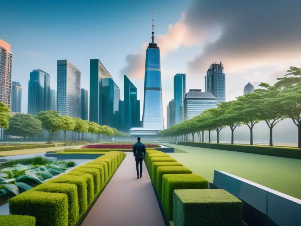 Cityscape innovador: negocios y naturaleza en armonía Profesionales debatiendo en ciudad con rascacielos y parque urbano, reflejando la normativa local mercado inmobiliario
