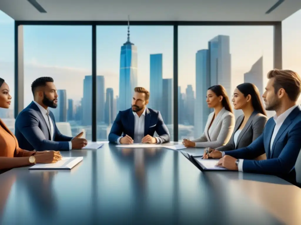 Profesionales revisando contratos inmobiliarios en oficina moderna Profesionales revisando cláusulas contrato préstamo inmobiliario en oficina moderna y luminosa
