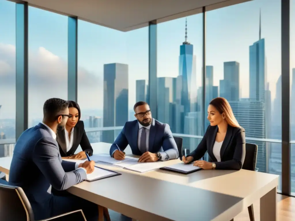 Profesionales expertos debatiendo contrato inmobiliario en oficina moderna Profesionales debatiendo cláusulas contrato préstamo inmobiliario en oficina moderna con vista a la ciudad