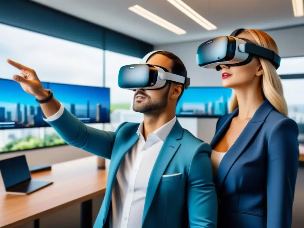Realidad virtual y AI revolucionan financiamiento inmobiliario Profesionales experimentan cliente financiamiento inmobiliario AI en oficina futurista