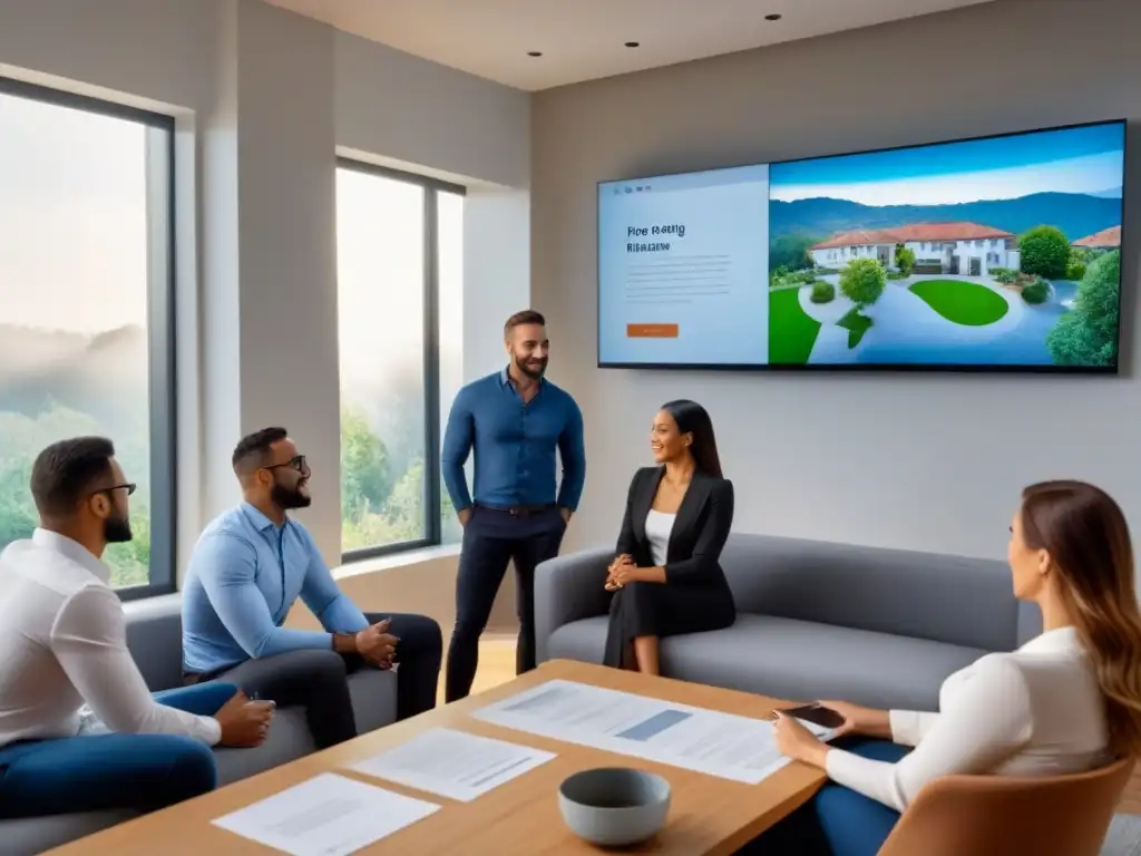 Oficina inmobiliaria moderna: expertos guían a parejas en proceso de compra Profesionales y clientes colaboran en una moderna oficina inmobiliaria, discutiendo sobre pasos para comprar vivienda