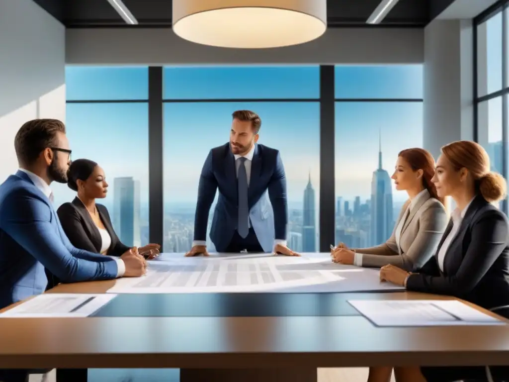Equipo profesional en oficina moderna, colaborando con éxito Profesionales resolviendo complicaciones legales y financieras en elegante oficina con vista a la ciudad