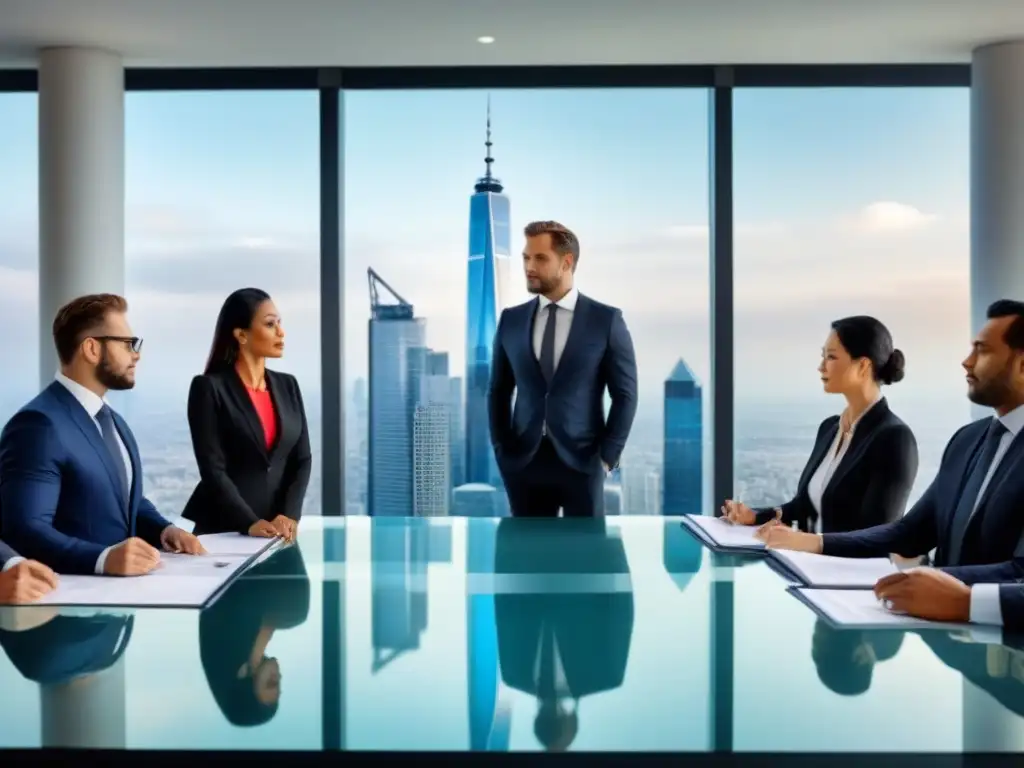 Vista panorámica de skyline urbano con profesionales y arquitectura moderna Profesionales discuten sobre complicaciones legales en proyectos inmobiliarios