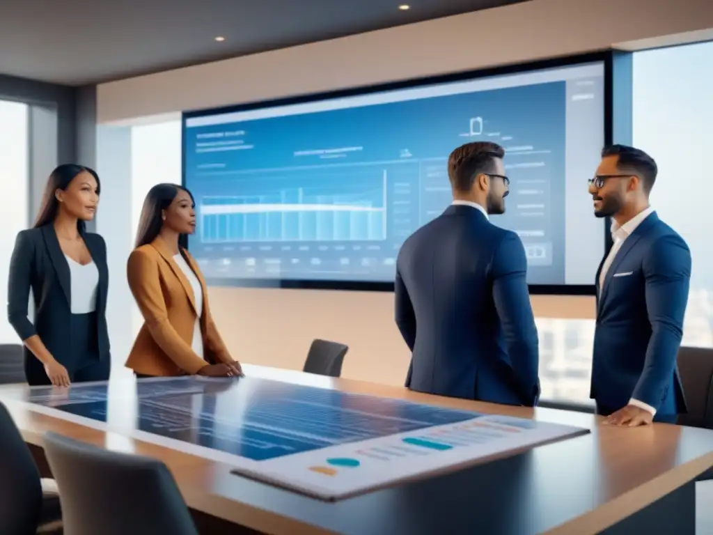 Expertos en financiamiento y bienes raíces en acción Profesionales colaborando en la compra de vivienda, asesor financiero y agentes inmobiliarios en oficina futurista