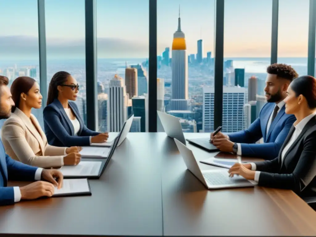 Profesionales analizan préstamo inmobiliario en oficina moderna Profesionales gestionan condiciones préstamo inmobiliario en moderna oficina con vista a la ciudad