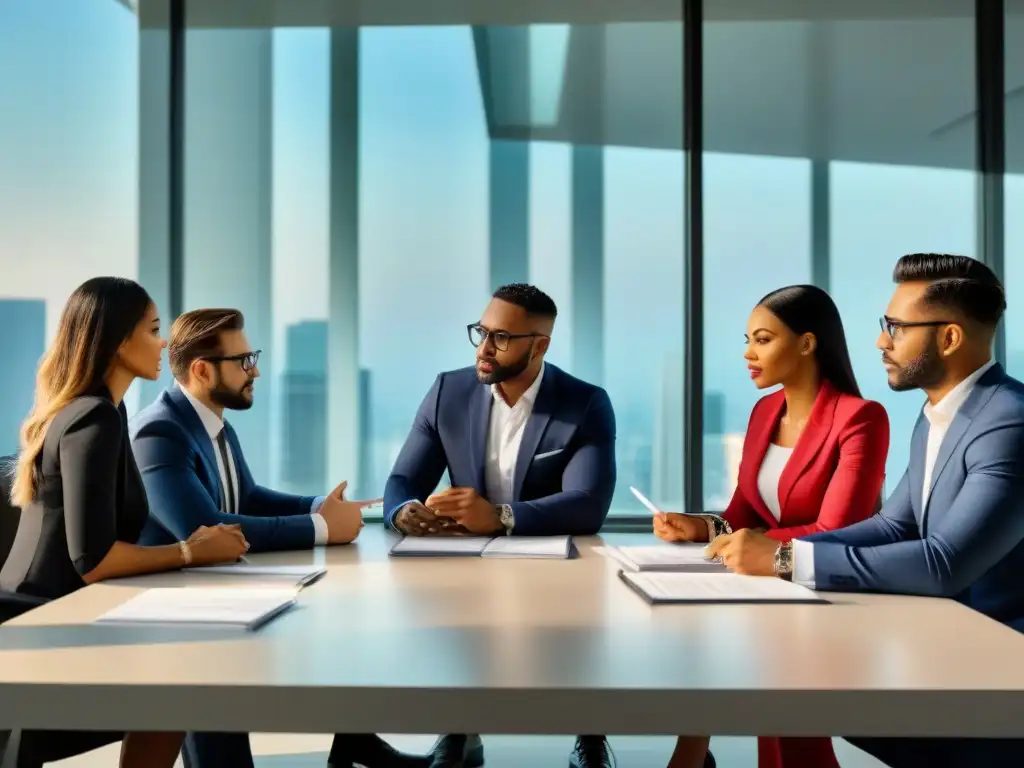 Profesionales diversificados discuten contrato inmobiliario Profesionales diversos discuten contrato inmobiliario en oficina moderna