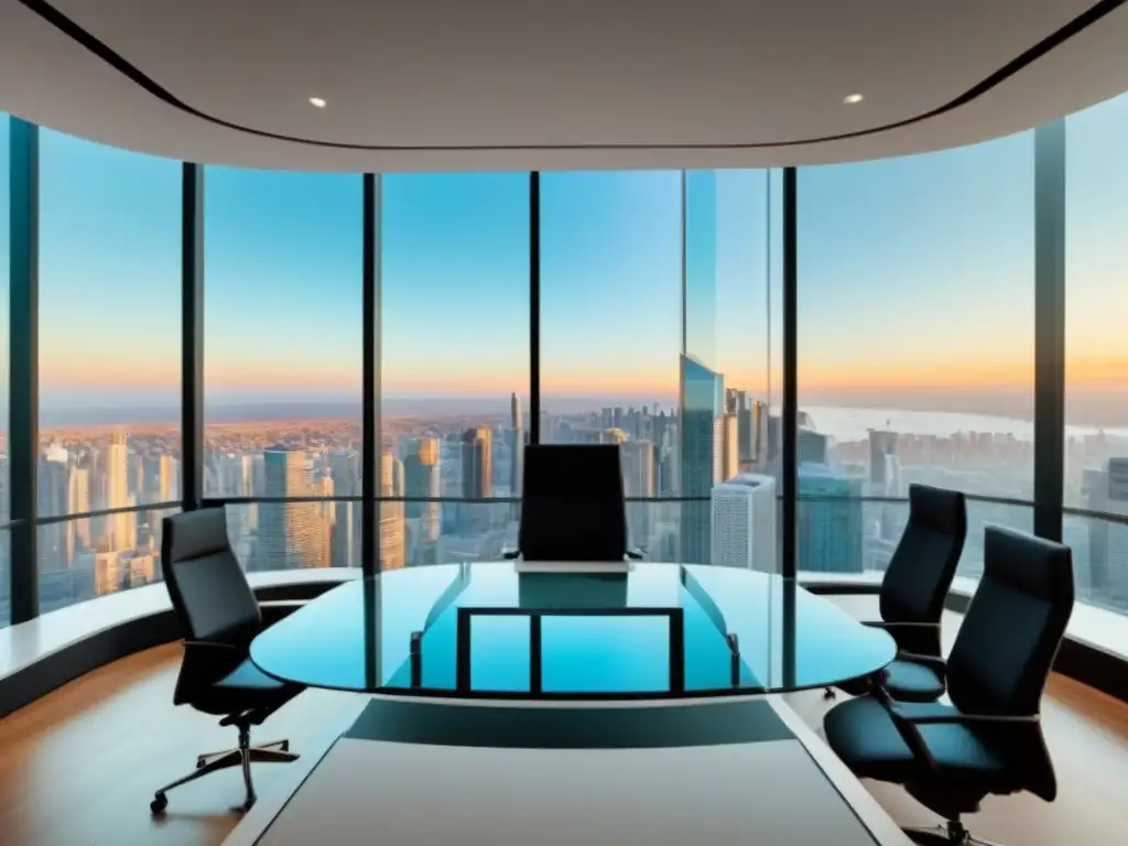 Escena inmobiliaria moderna y transparente en 8k Profesionales revisan contratos y documentos financieros en moderna oficina de cristal con vista panorámica a la ciudad