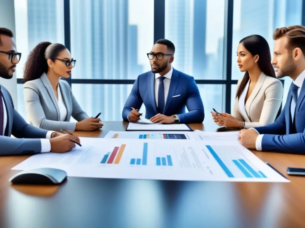 Profesionales debatiendo contratos inmobiliarios Profesionales discuten contratos inmobiliarios en oficina moderna