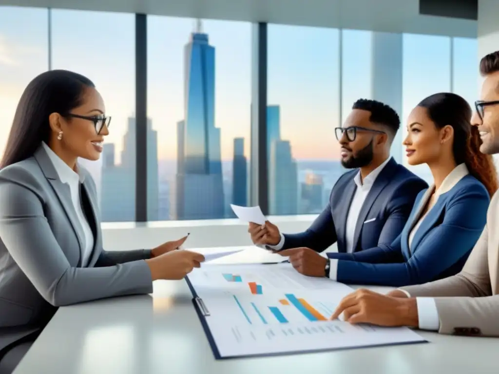Profesionales debatiendo contratos inmobiliarios en oficina moderna Profesionales discuten contratos inmobiliarios en oficina moderna con vista a la ciudad