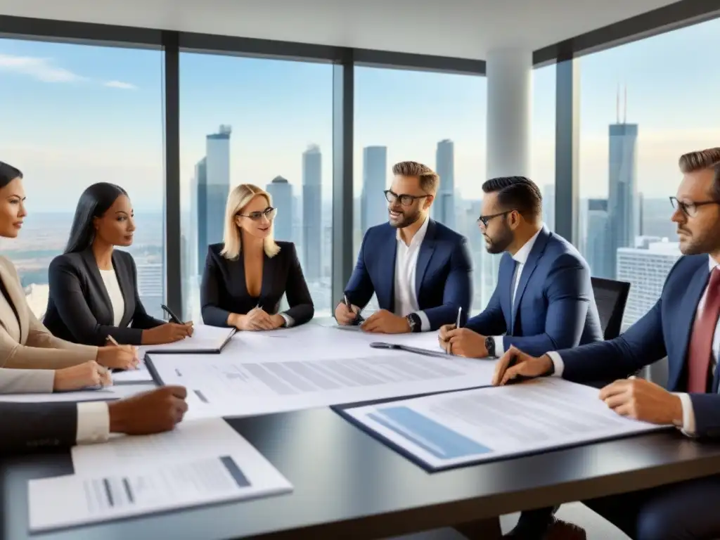Profesionales discuten contratos legales en desarrollo inmobiliario en una oficina moderna con vista a la ciudad