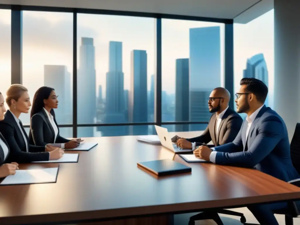 Diversos profesionales debaten contratos en una oficina moderna con vista a la ciudad