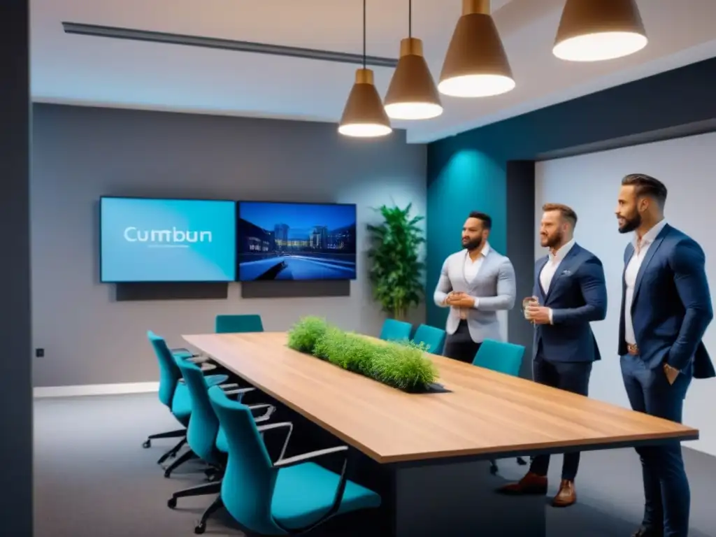 Innovación en coworking para crowdfunding inmobiliario en Europa Profesionales colaborando en coworking innovador con tecnología de vanguardia y decoración moderna