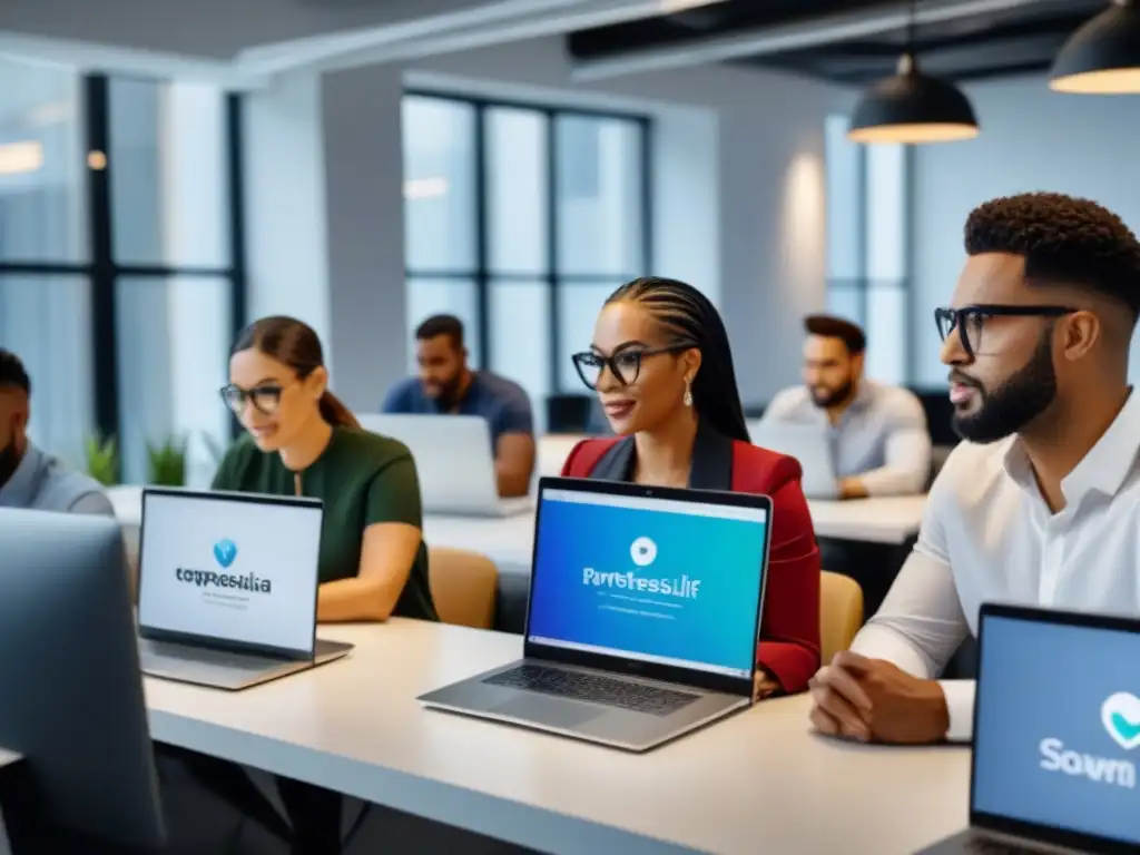 Profesionales diversos en coworking moderno aprenden financiamiento inmobiliario online Profesionales en coworking, cursando en laptops
